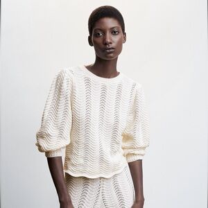 Mango Women’s Cream and White Puff Sleeve Knitted Sweater